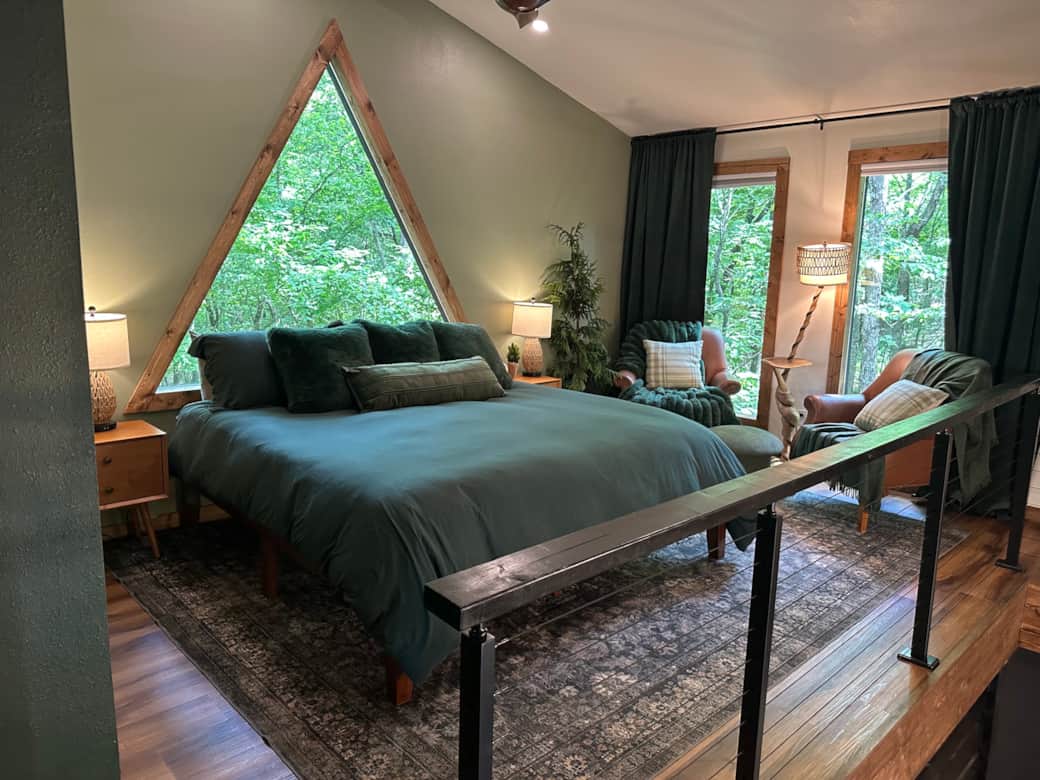 Luxury loft with forest views, buttery bedding and cloudlike mattresses for dreamy rest.