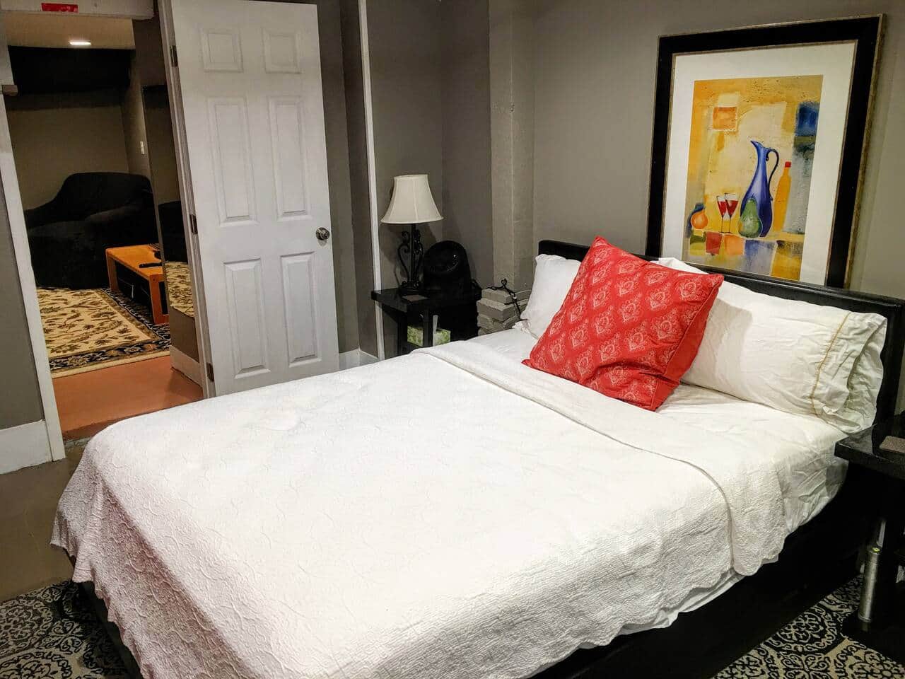 Welcome to your corporate apartment with one queen bed and one queen sleeper sofa. Message me the secret phrase hidden in the listing to book. That's how I make sure you actually read this thing!!