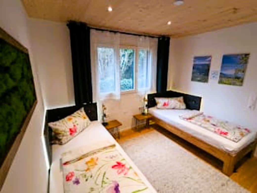 Schlafzimmer mit Einzelbetten, indirekte Beleuchtung, Schrankregal, TV und großem Fenster