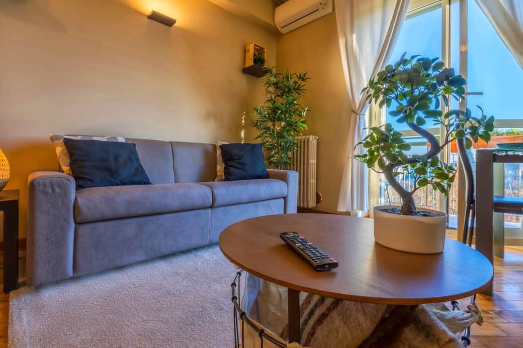 Close up of the double sofa bed and the living area Close up of the double sofa bed and the living area