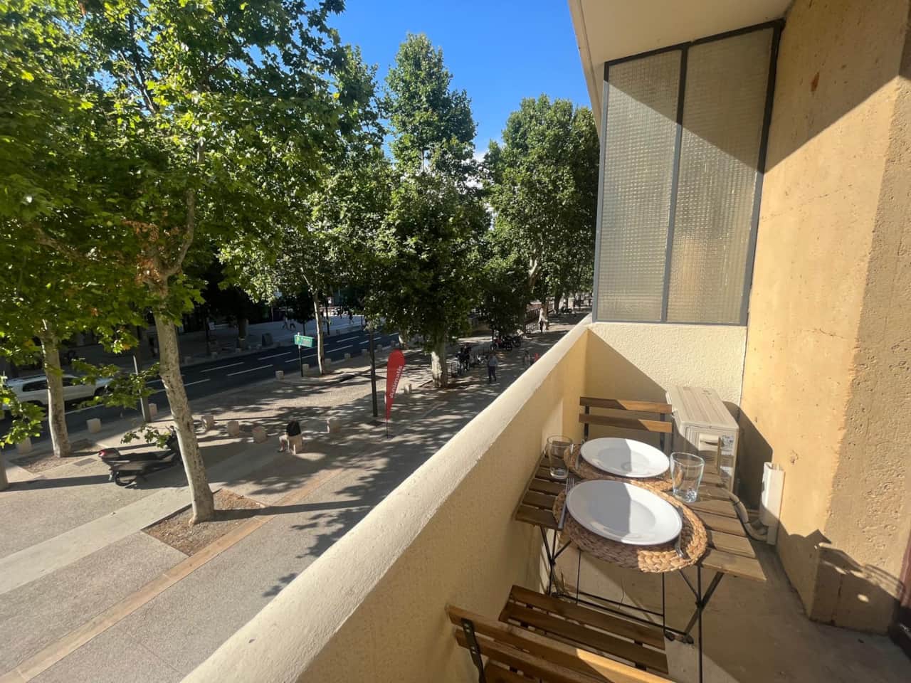 terrace, table, view on street, chairs