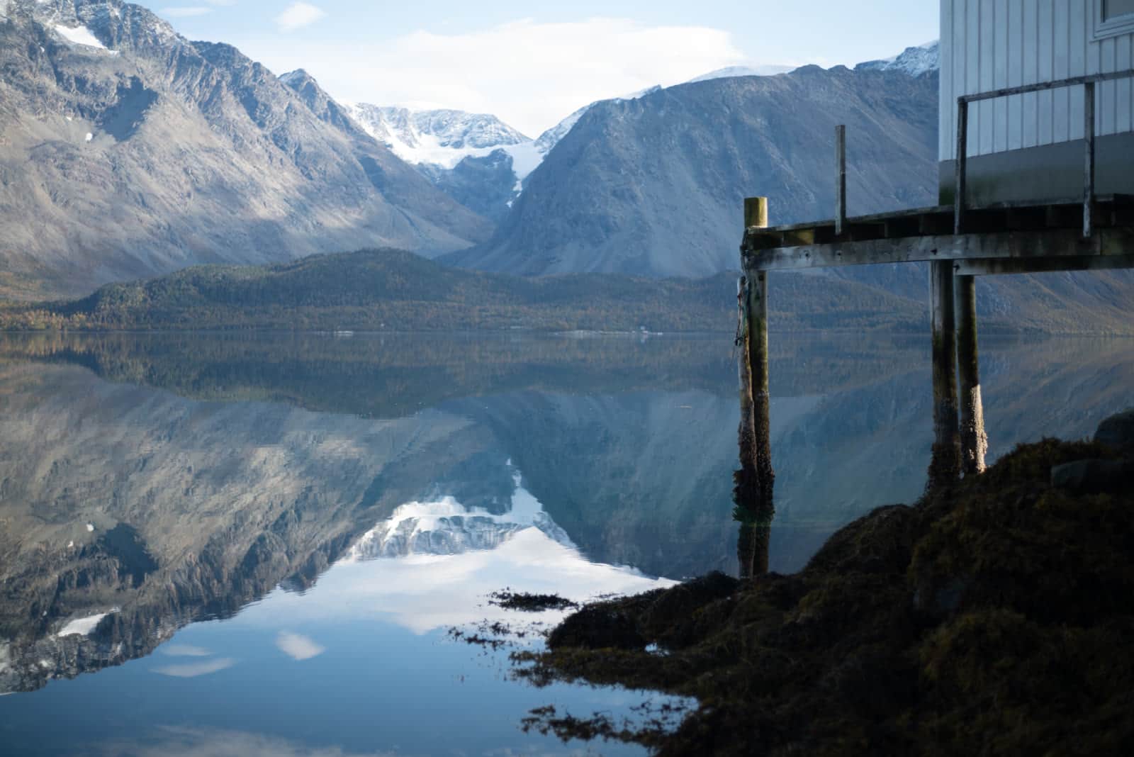 Holzsteg auf Stelzen am Ufer, dahinter Berge und spiegelglatter Fjord