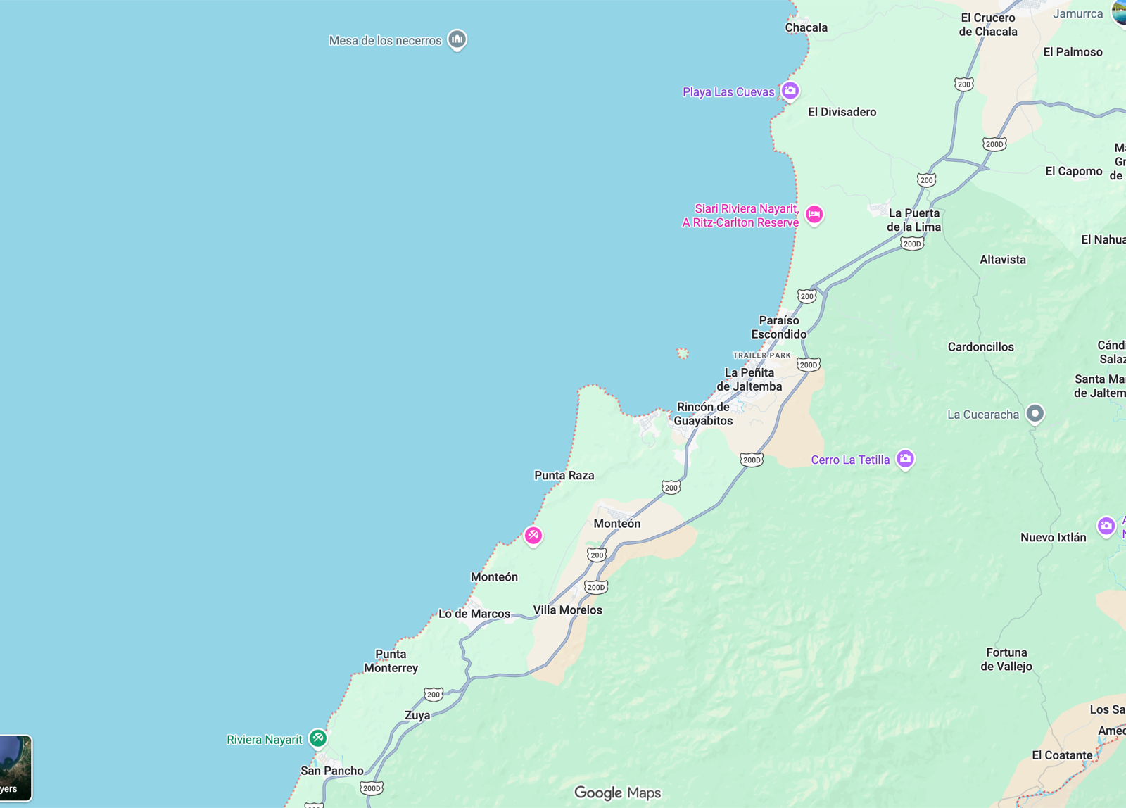 Map of the Riviera Nayarit beach towns from Chacala to San Pancho, including La Peñita, Guayabitos, Los Ayala, Monteón, Lo de Marcos, and Altavista