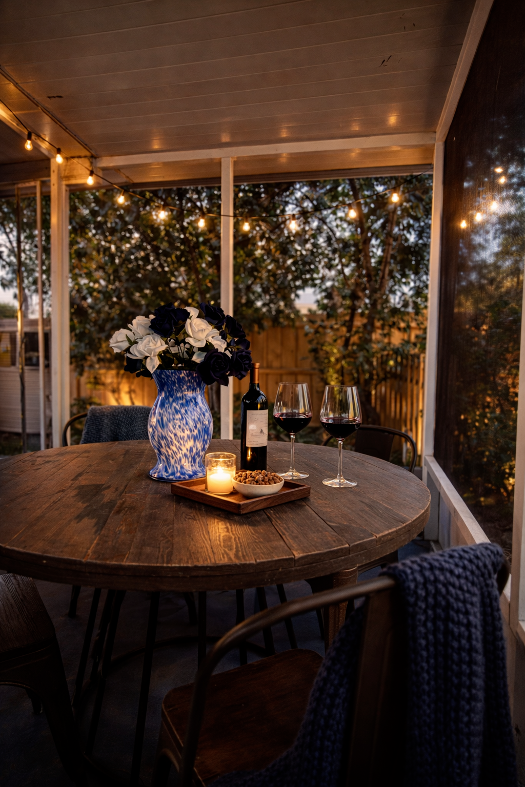 Cozy evening patio with warm lights, wine, and candle glow for a peaceful, relaxing night.