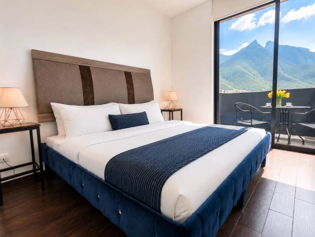 Bright and elegant bedroom, warm lighting, and a private balcony overlooking stunning Cerro de la Silla views. A relaxing retreat filled with natural light, perfect for waking up to Monterrey’s iconic scenery. Bright and elegant bedroom, warm lighting, and a private balcony overlooking stunning Cerro de la Silla views. A relaxing retreat filled with natural light, perfect for waking up to Monterrey’s iconic scenery.