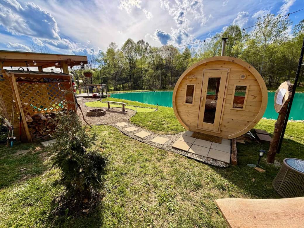Fire staging area, Fire-pit, pond, and wood-heated sauna Fire staging area, Fire-pit, pond, and wood-heated sauna