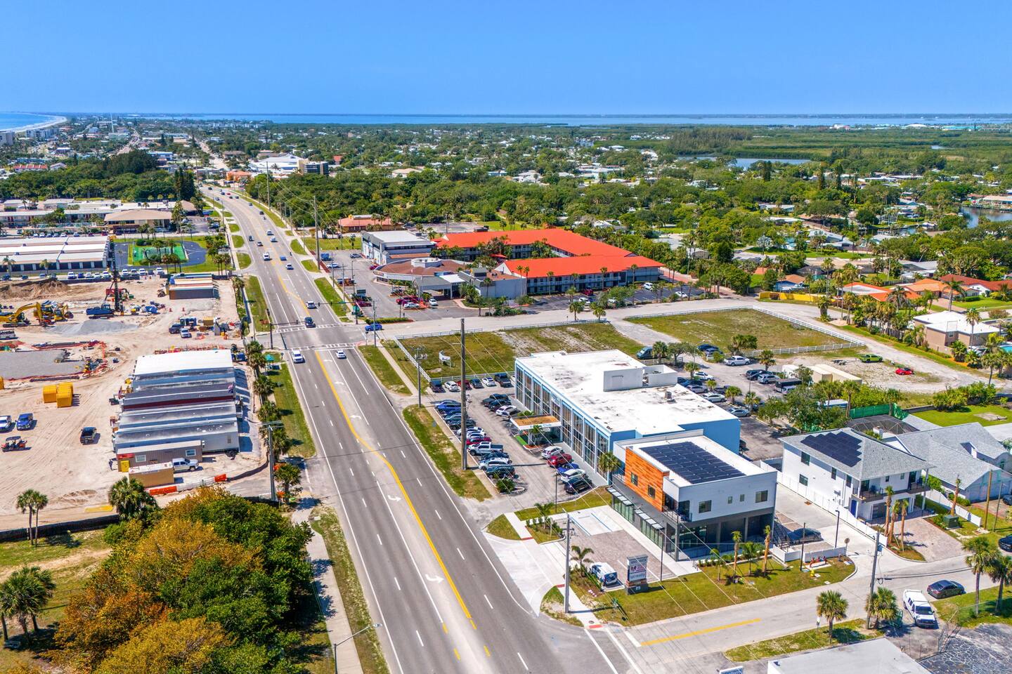 Aerial view showcasing the modern architecture of the building.