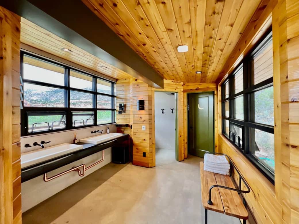 the Bathhouse offers two sinks, two shower stalls, two toilet rooms, an outdoor shower and an outdoor sink