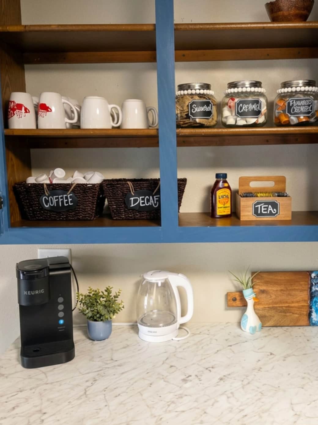 Coffee bar with coffee and tea pots
