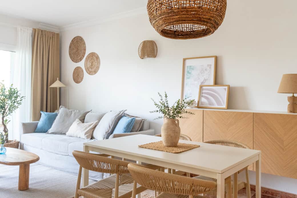 Cozy seating area with natural tones and comfortable sofa Cozy seating area with natural tones and comfortable sofa