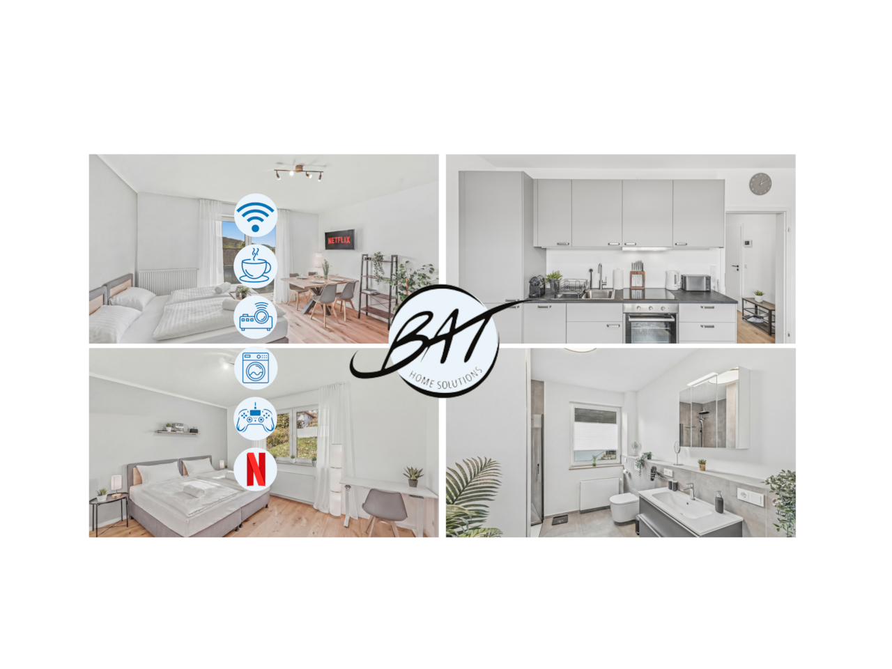 Helle moderne Wohnung: zwei Schlafzimmer, Wohnbereich mit Esstisch, weiße Küche und graues Bad.