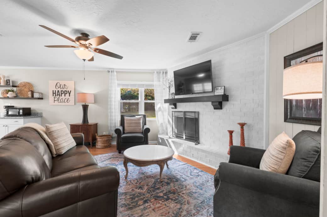 Cozy family room opens to the kitchen Cozy family room opens to the kitchen