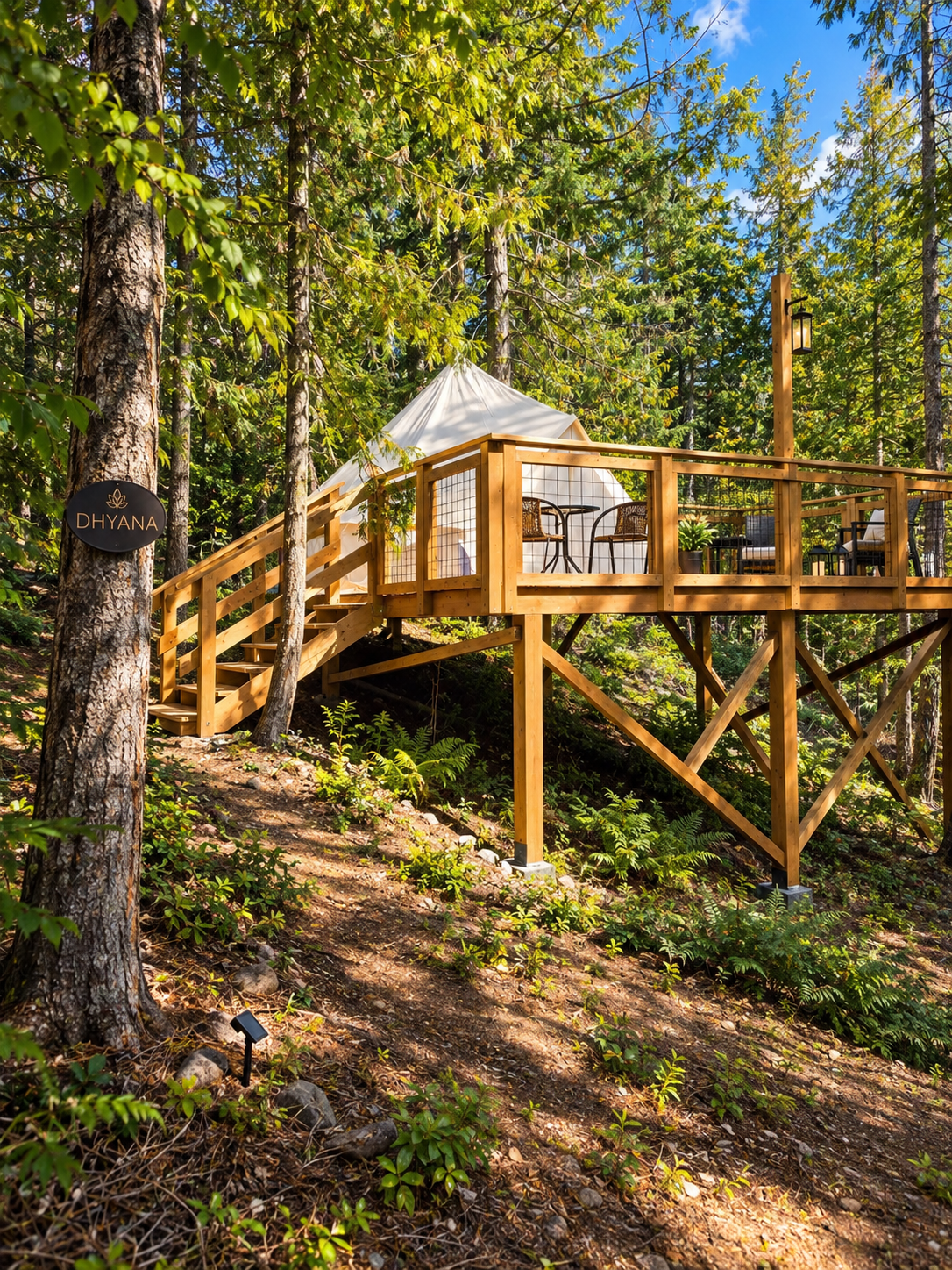 Dhyana’s Elevated Deck Nestled Among the Trees