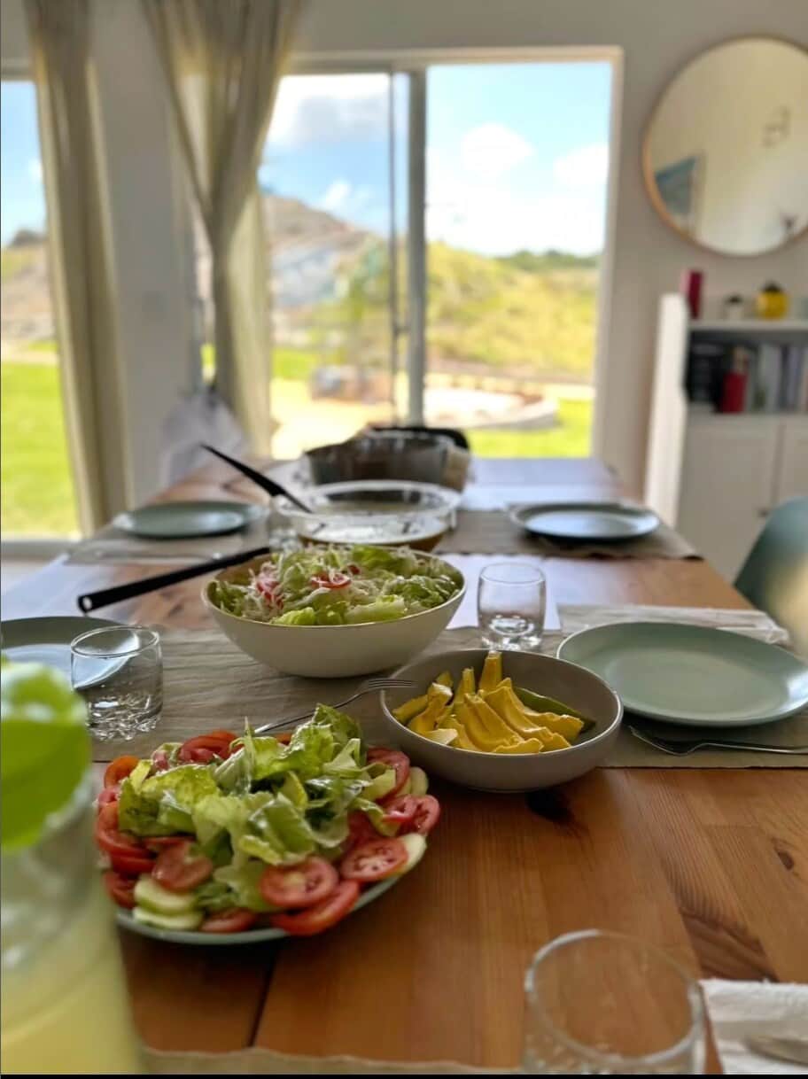Breakfast table overlooking the Blue House pool