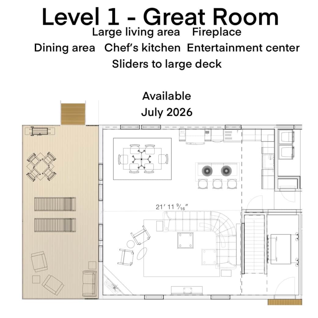 Great room open living & deck - downstairs Great room open living & deck - downstairs