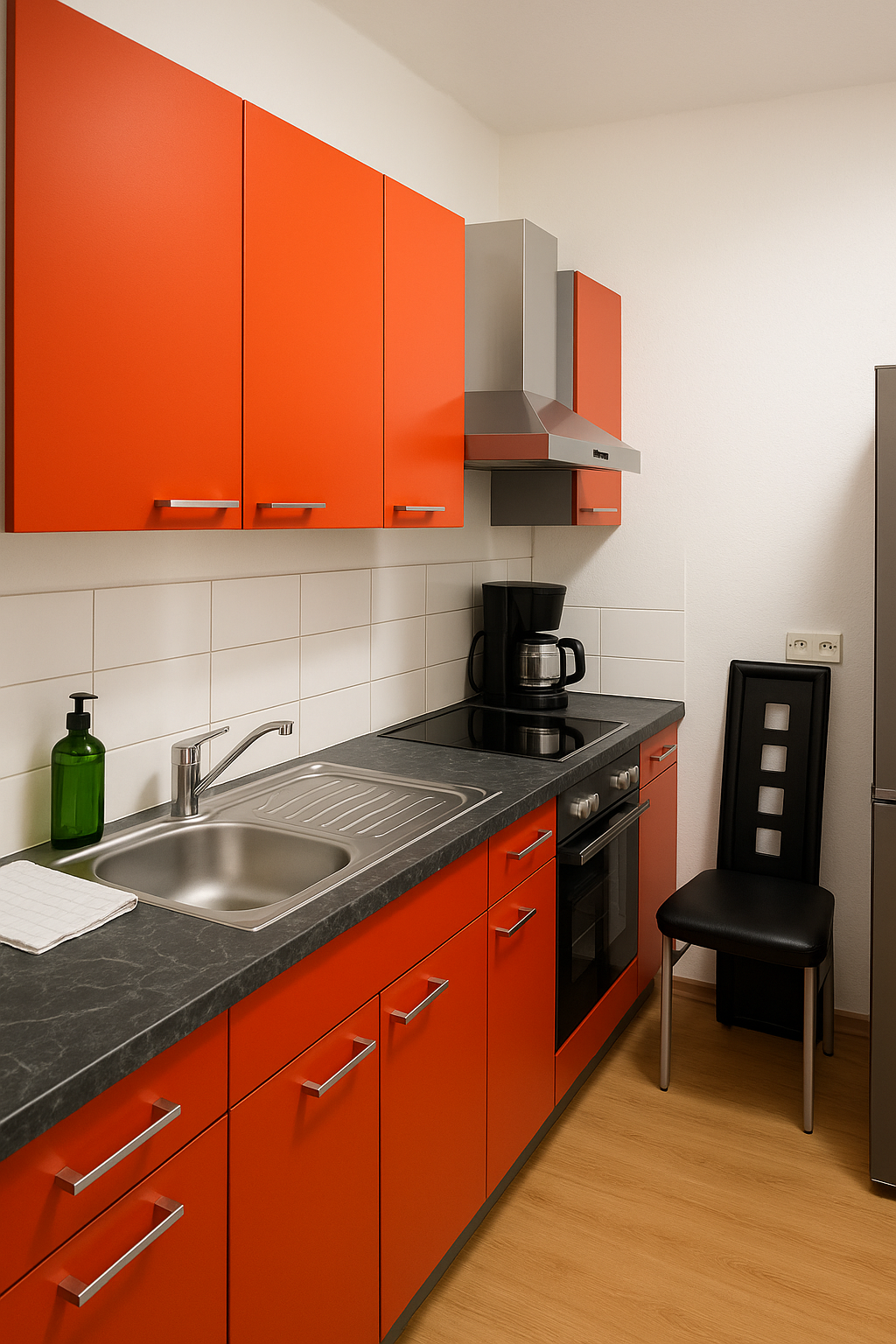 Moderne Küchenübersicht in Rot und Weiß