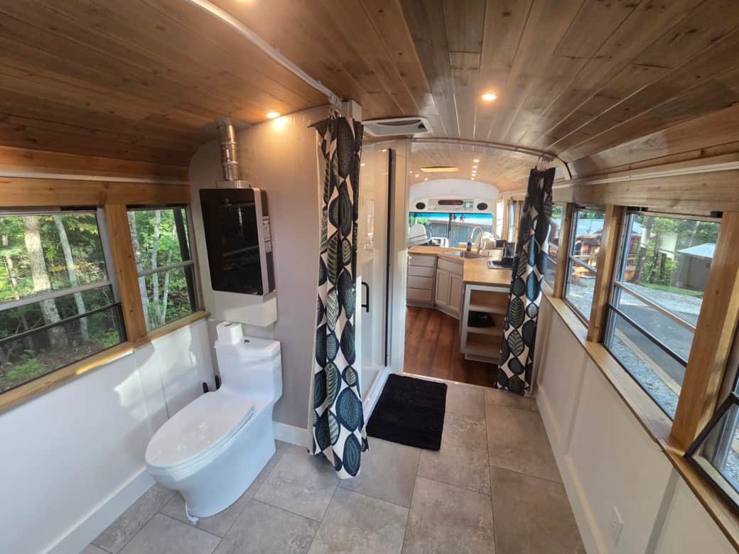 Bedroom into bathroom and kitchen