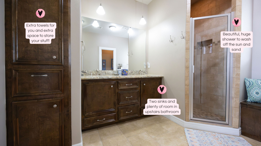 The large Master bath and oversized shower feel luxurious after a beach day.