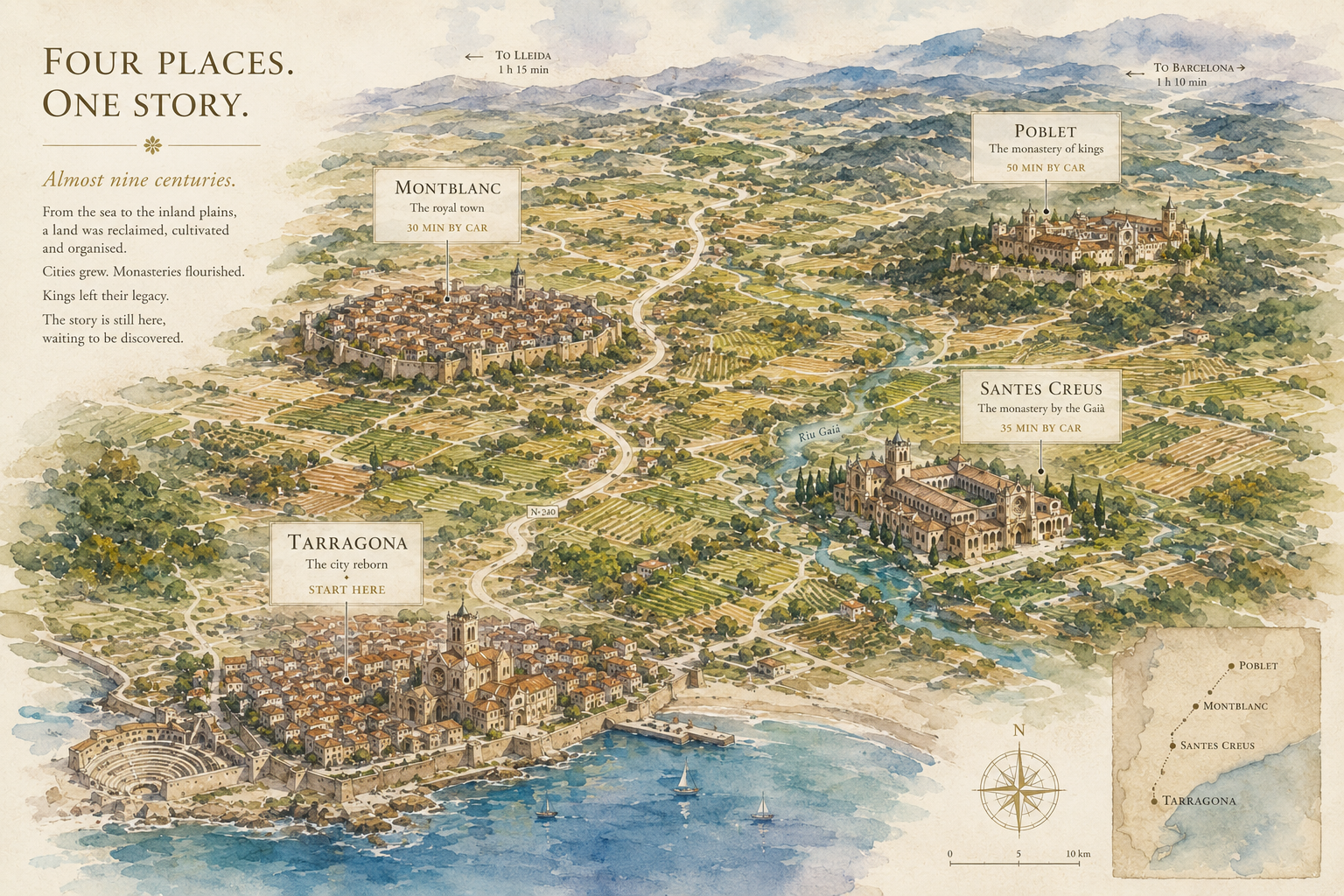 Illustrated medieval route through inland Tarragona, Santes Creus, Montblanc and Poblet