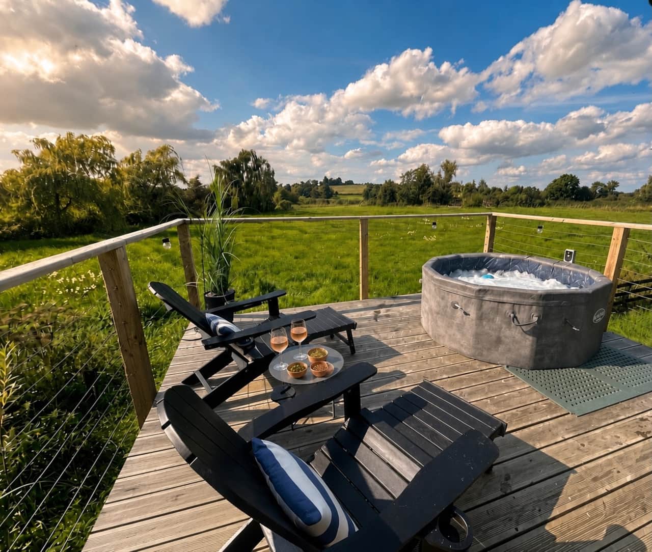 Lake chairs on the deck with hot tub sunset wine view