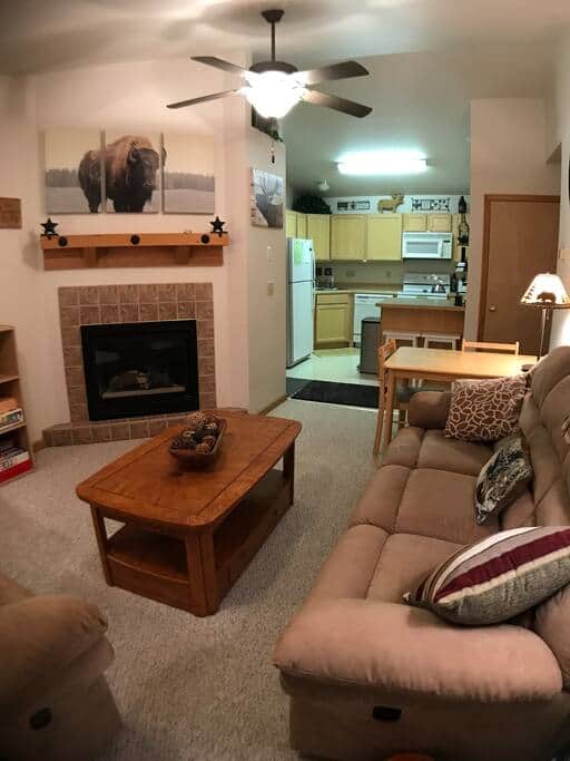 Living room with view into Kitchen
