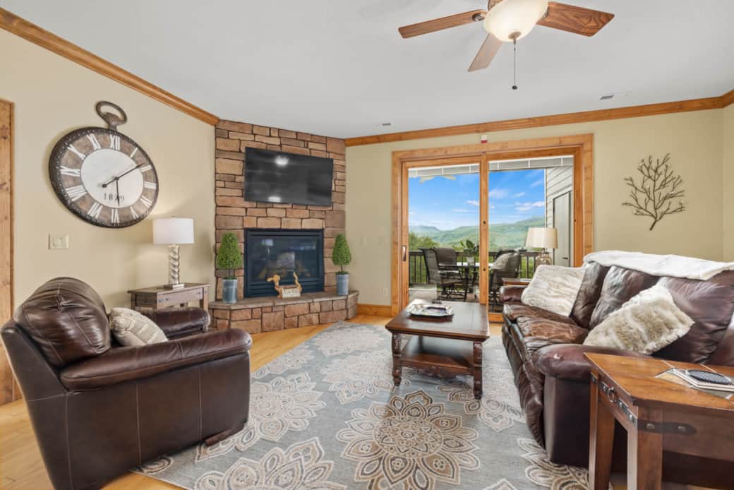 Stone fire place with leather furniture