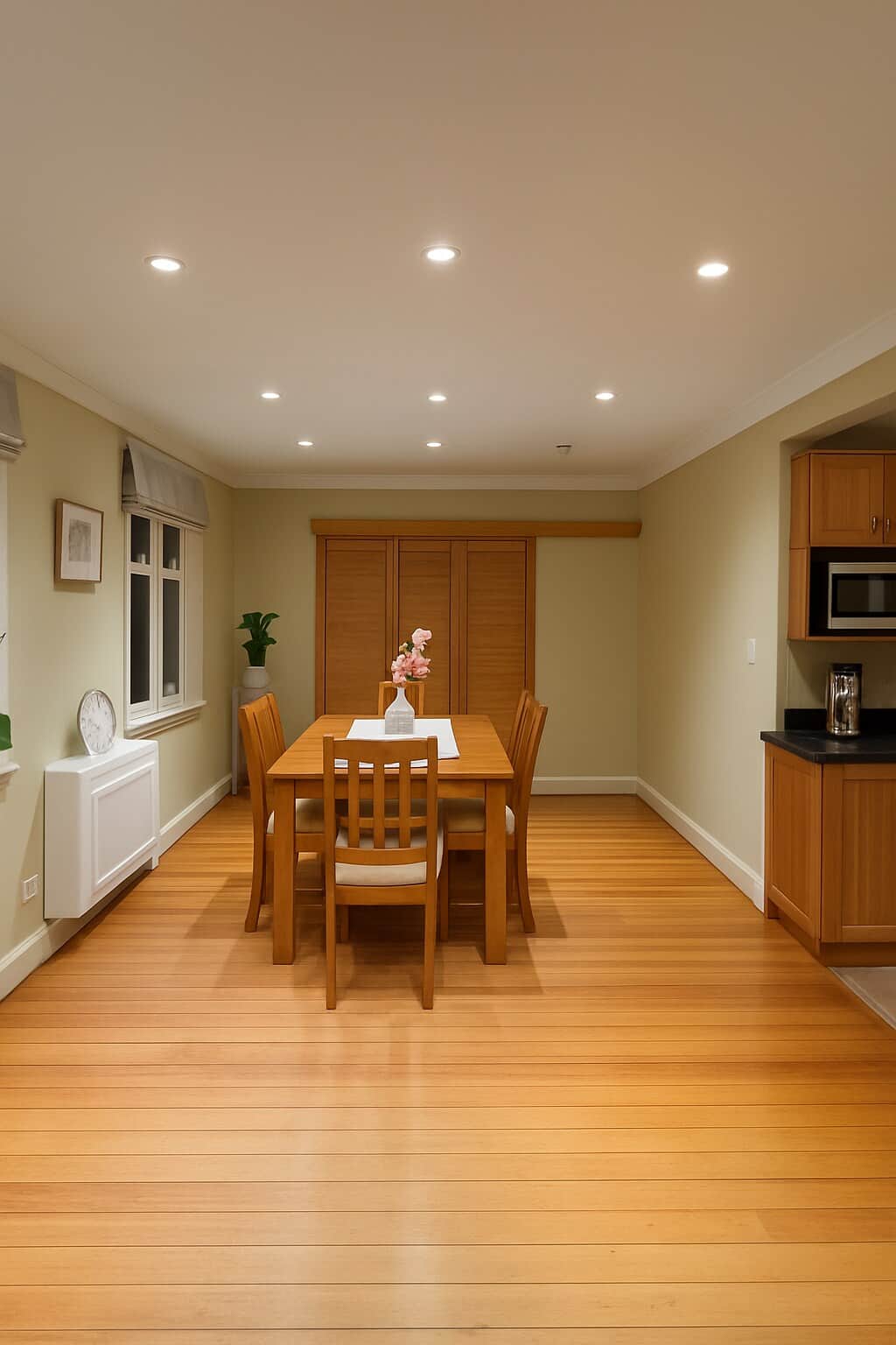 Gather around the solid wooden dining table in this bright, welcoming space — perfect for shared meals, morning coffee, Surrounded by natural light and classic wooden finishes.