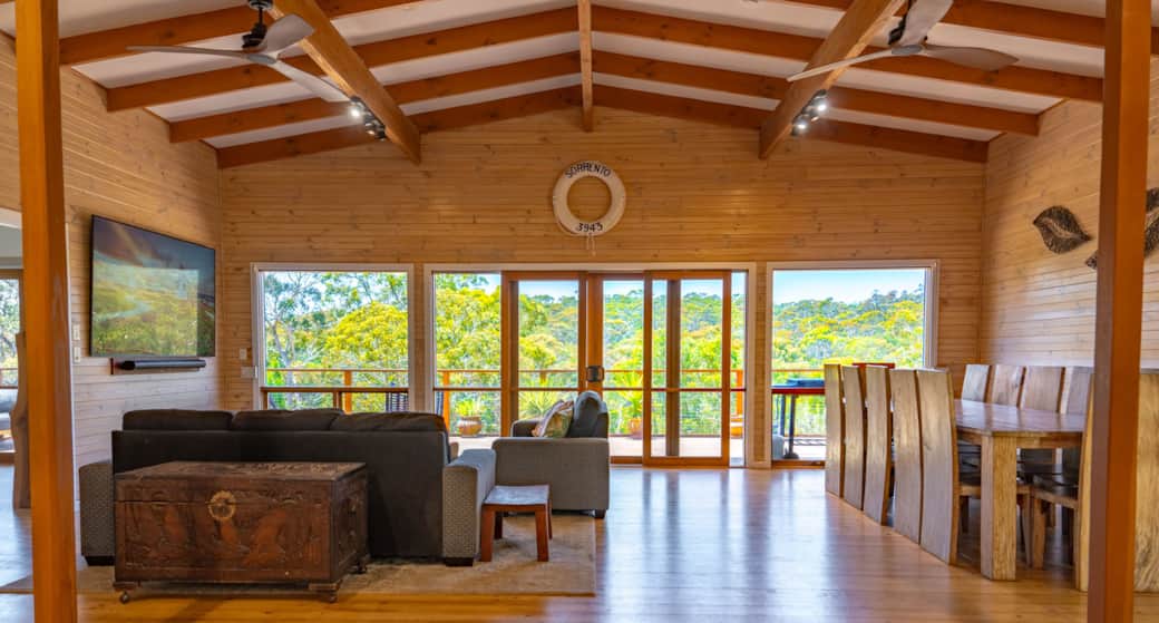 Upstairs living room looking out to the deck