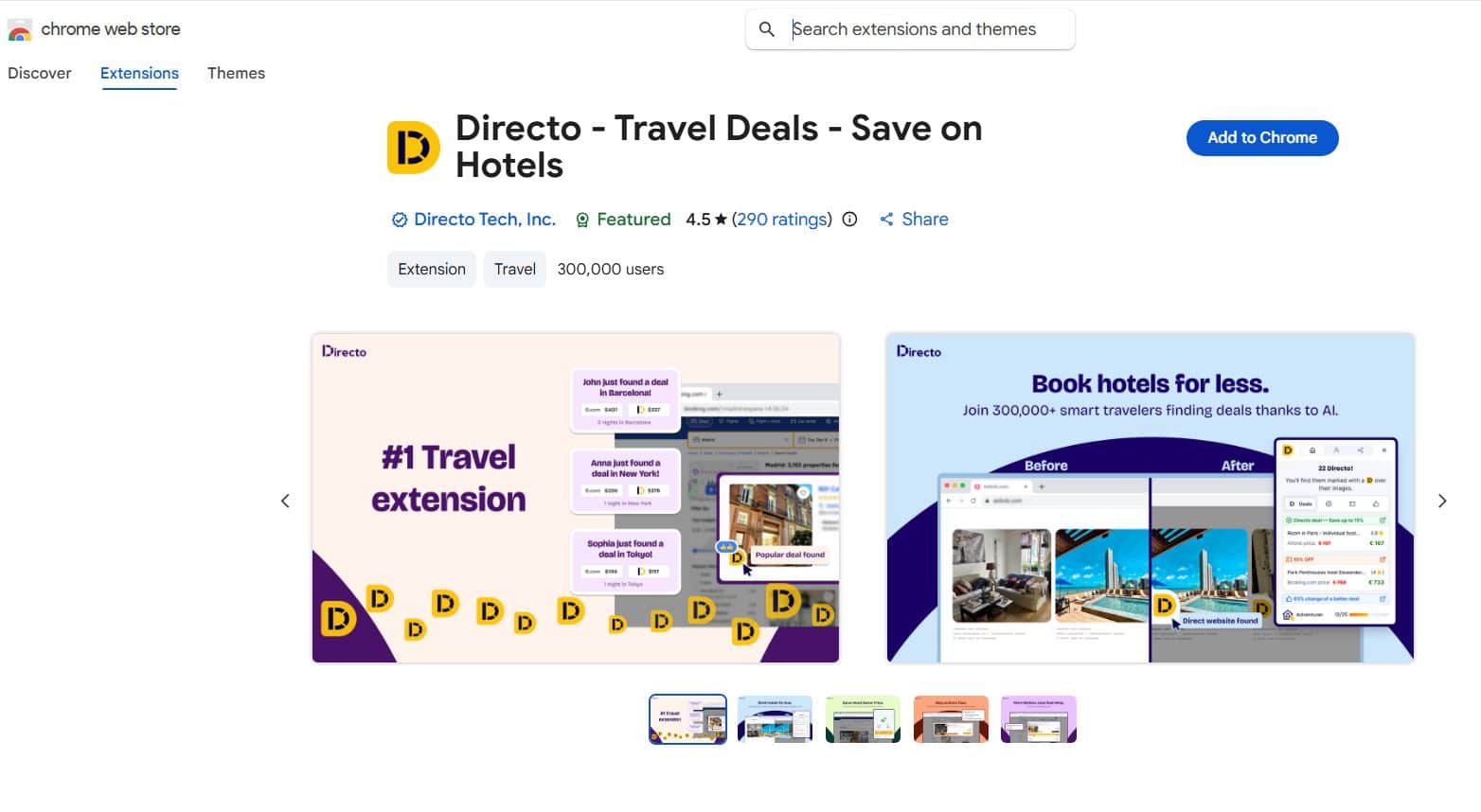 Directo browser extension page in the Chrome Web Store