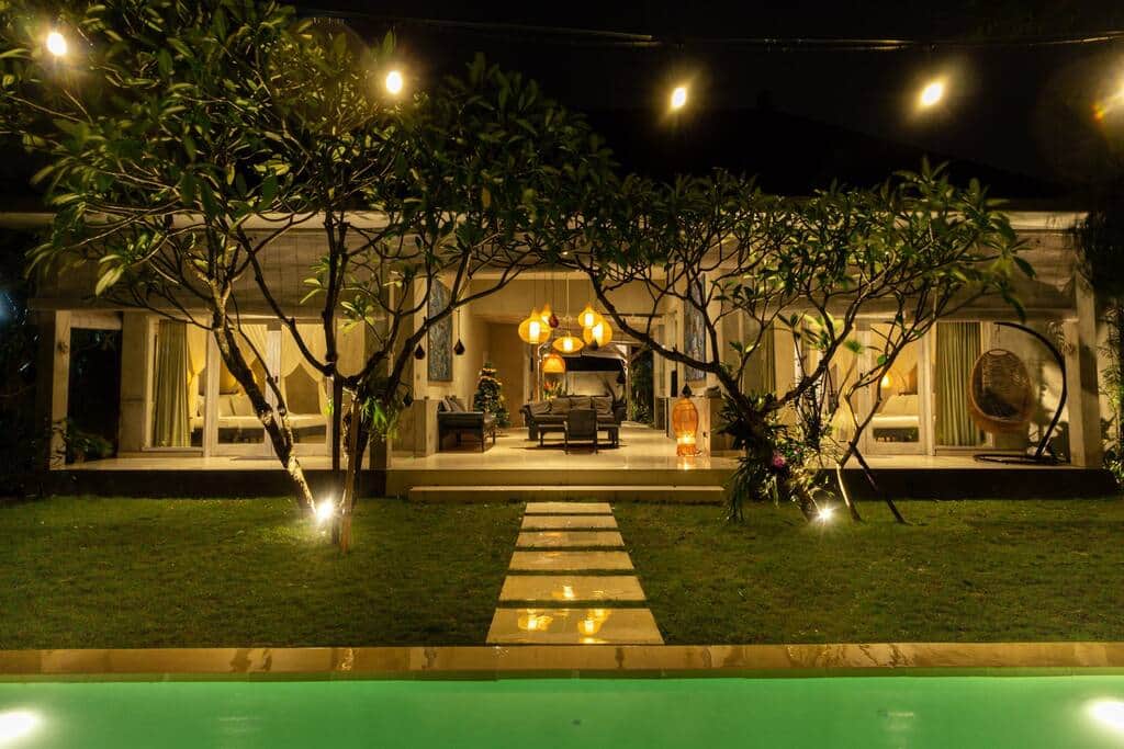 The warm and inviting atmosphere of Villa Shanti during nighttime