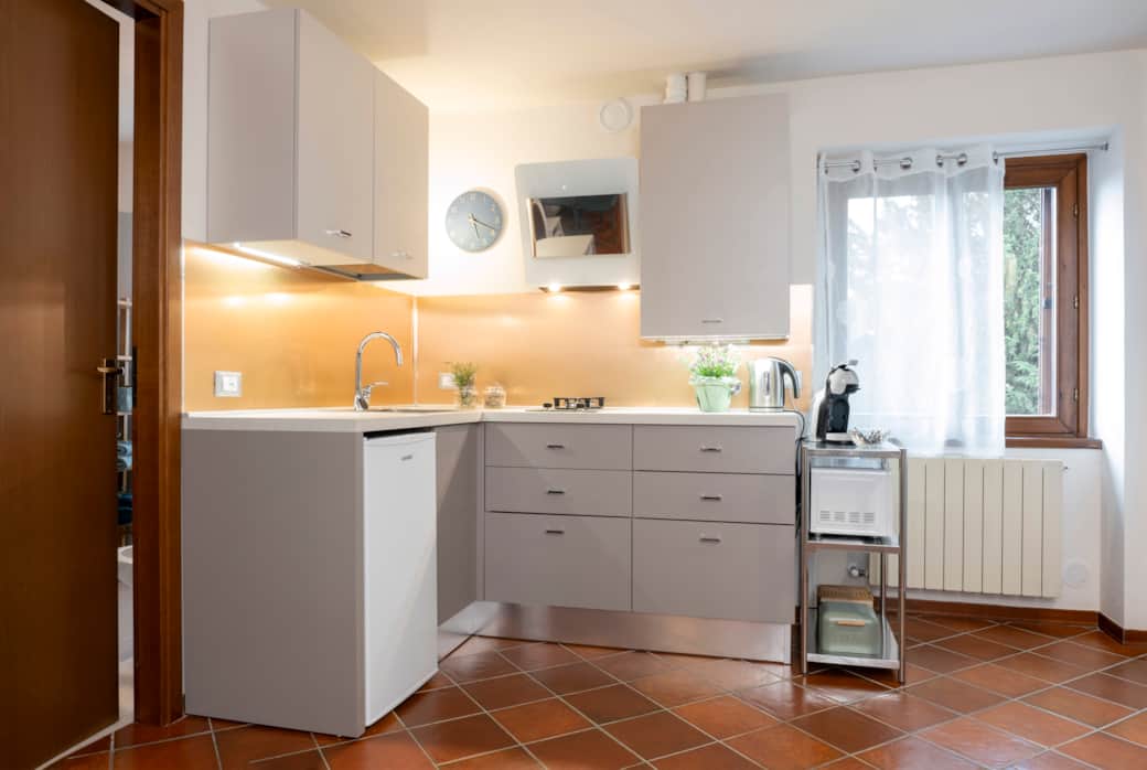 Every detail of the countertop and cooking area under the perfect light.