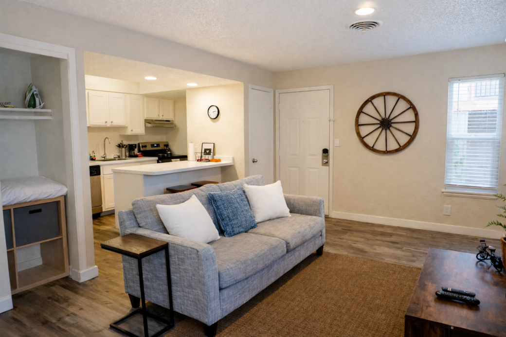Comfortable living area featuring a Smart TV for effortless streaming and entertainment