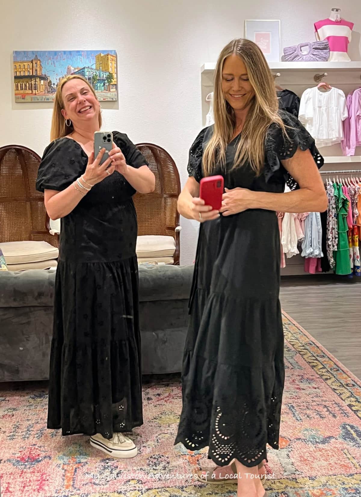 trying-on-clothes-at-kimmys-in-the-galveston-strand-district