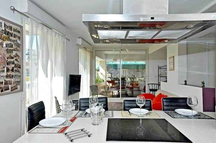 Living room, sofa, TV, desk, fan, dining room, kitchen, terrace