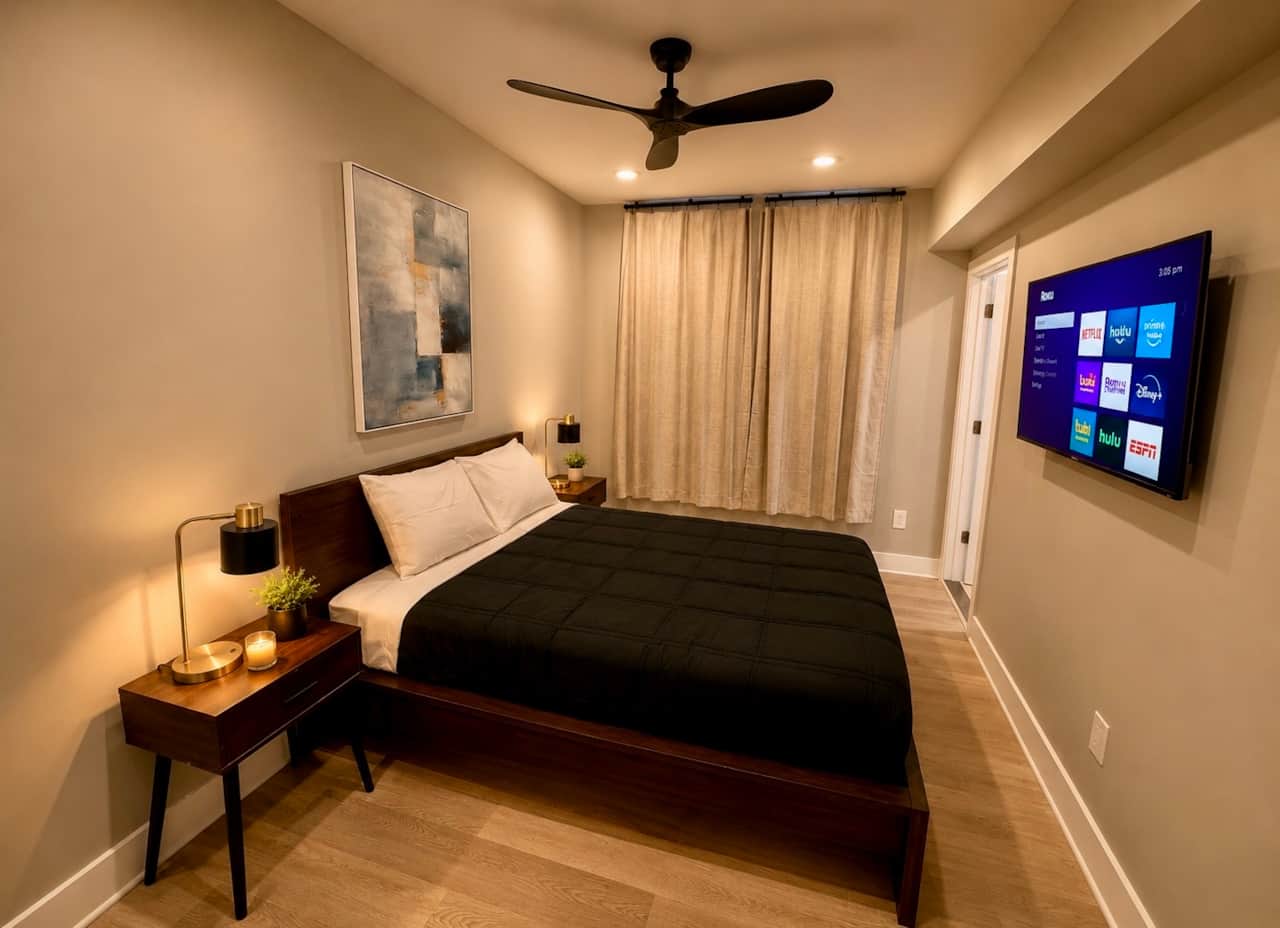  bedroom one with queen, bed, large closet and private bathroom.