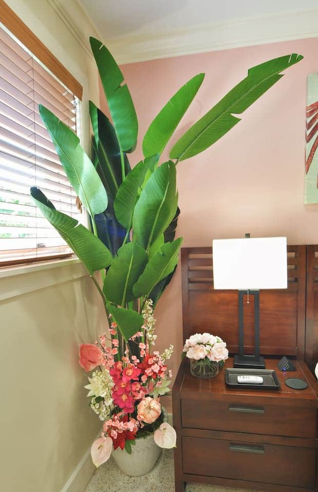 Beautiful tropical flowers on the side of the bed