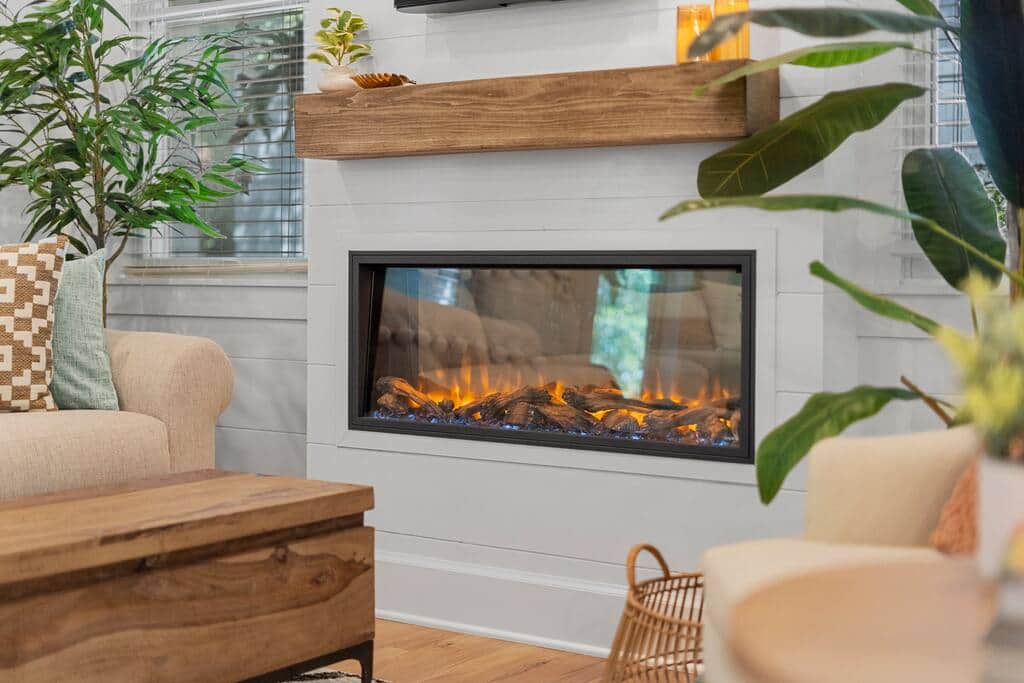 Our modern electric fireplace provides ambiance and warmth.