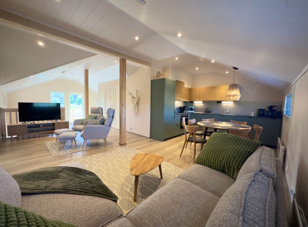 This modern second floor apartment with sauna fits maximum of five people.