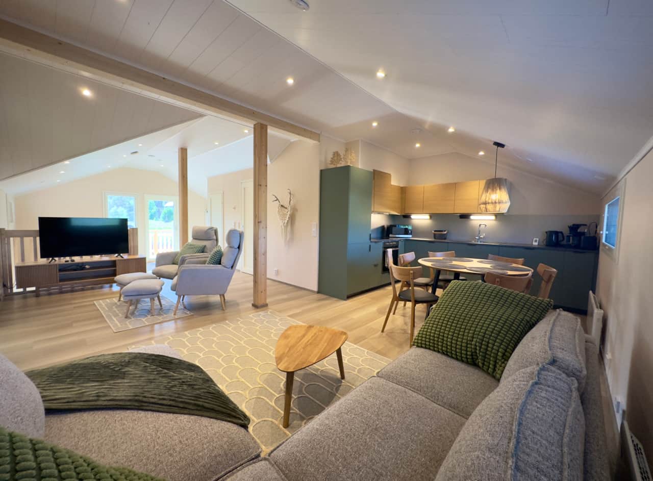 This modern second floor apartment with sauna fits maximum of five people.
