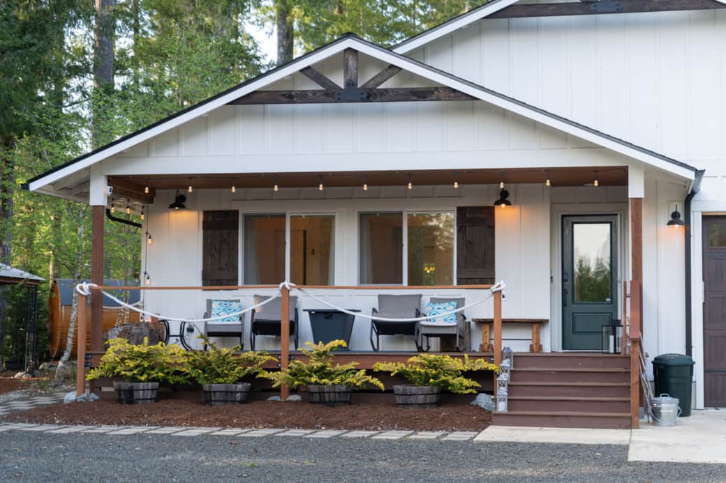 View of the Front Porch with Firetable and seating for 6.