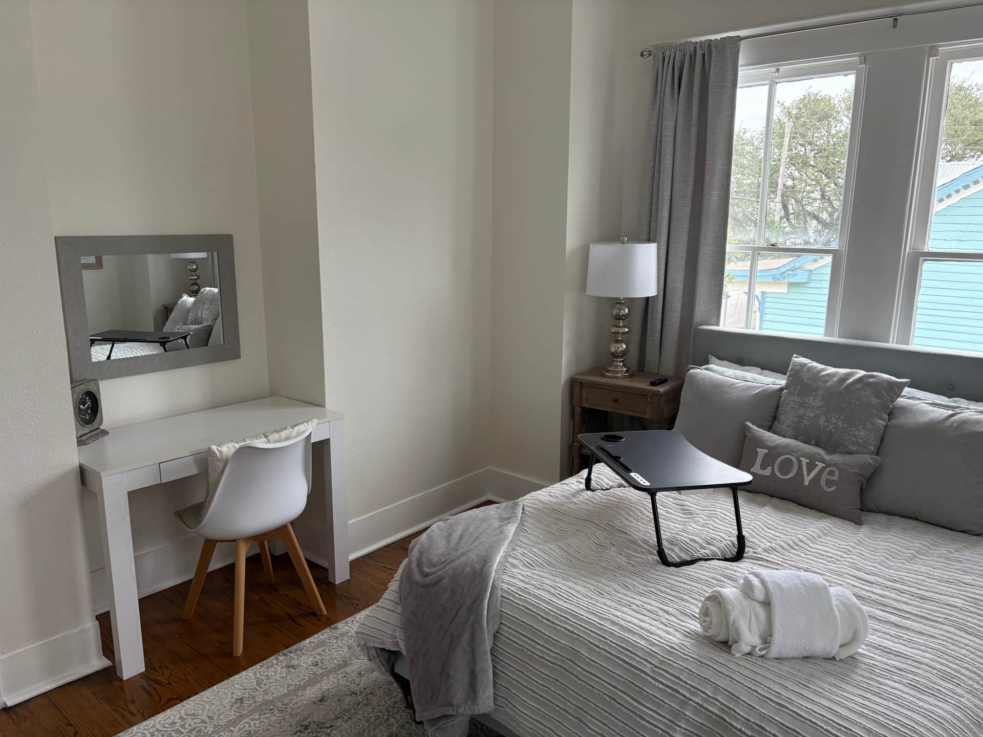 The desk is out of the way, but also close at hand to take care of all of those work needs.