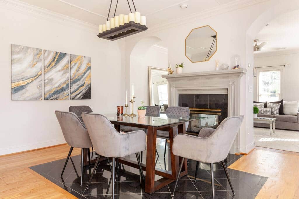 Dine in elegance. Arched doorways, plush seating for six, a perfect spot for a special occasion