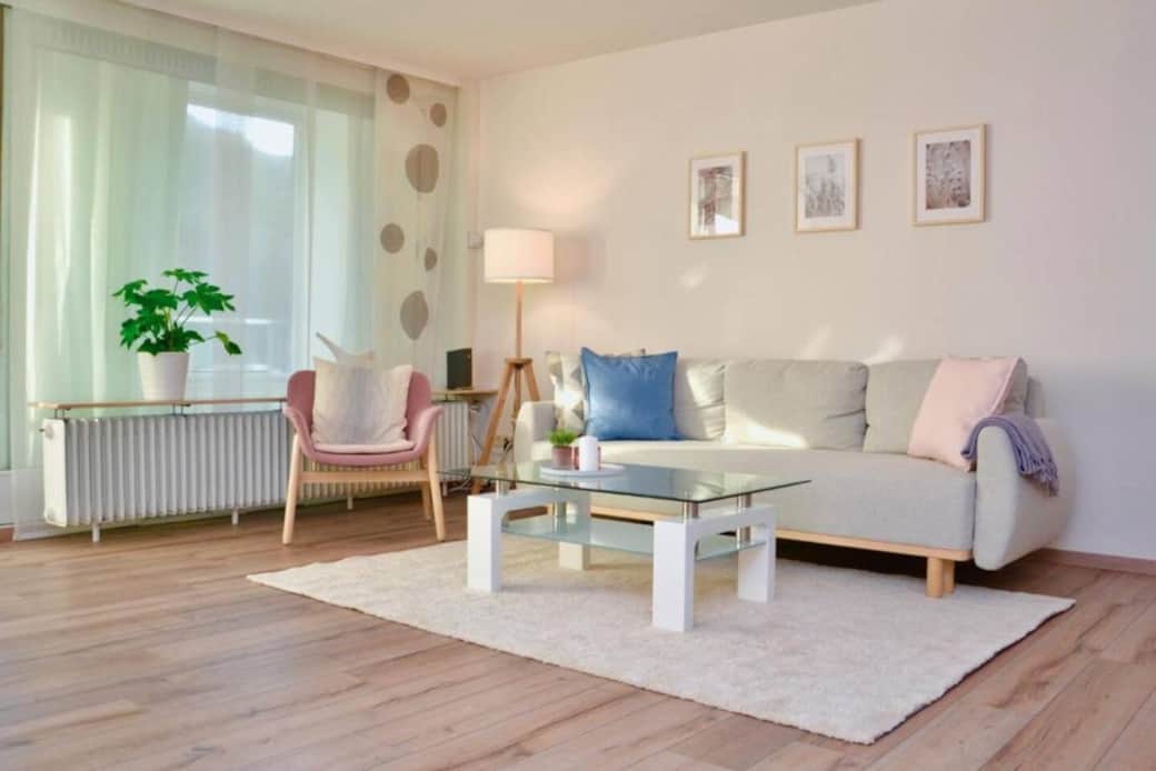 Wohnzimmerecke mit Couchtisch und Schlafsofa.