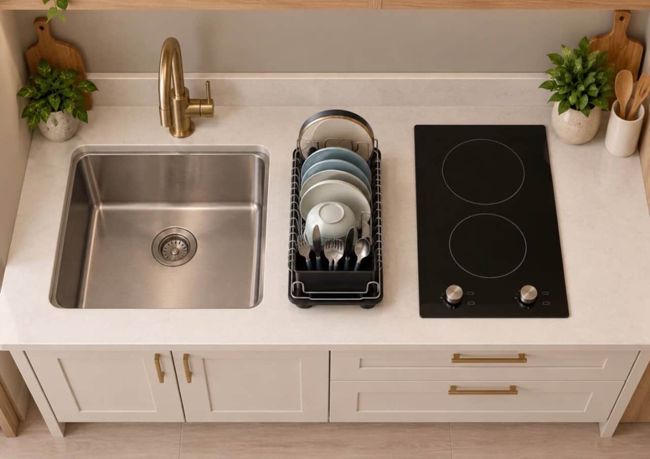 Kitchen countertop includes sink with reverse osmosis water filtering, two burner stove and dish rack.