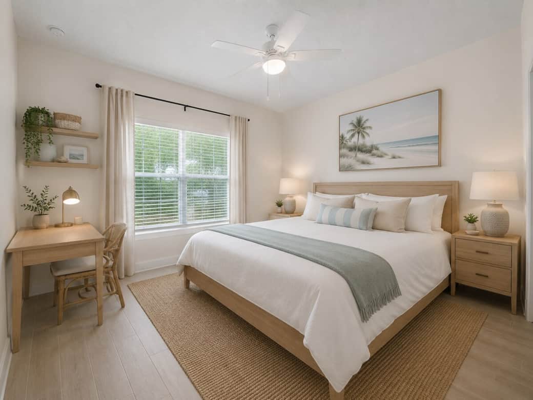 Master bedroom, featuring a king sized bed and work desk. Master bedroom, featuring a king sized bed and work desk.