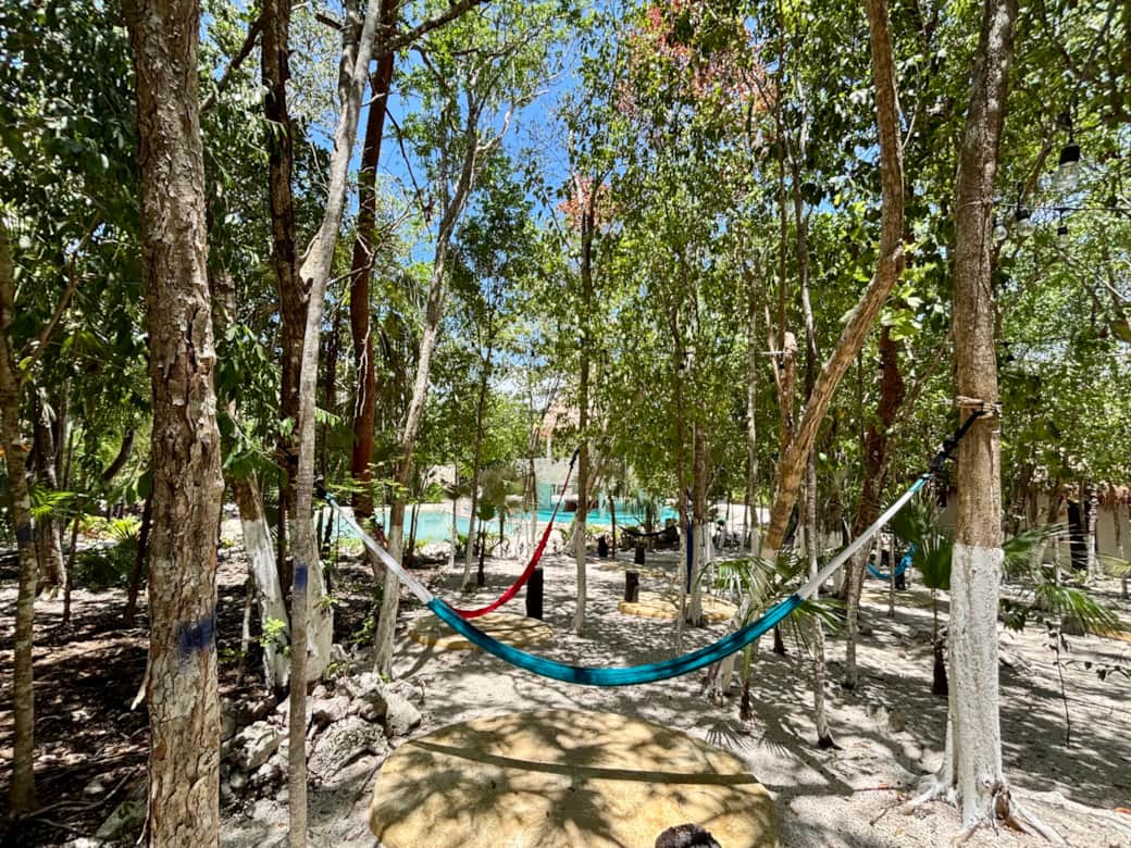 Common area with pools, palapas, hamocks, beach chairs and  tropical garden
