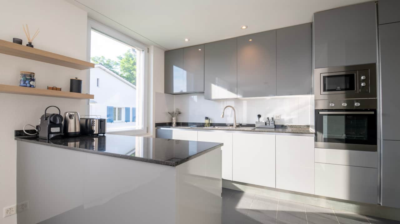 Swiss Suites Oberglatt 1OG — living area with vaulted ceilings