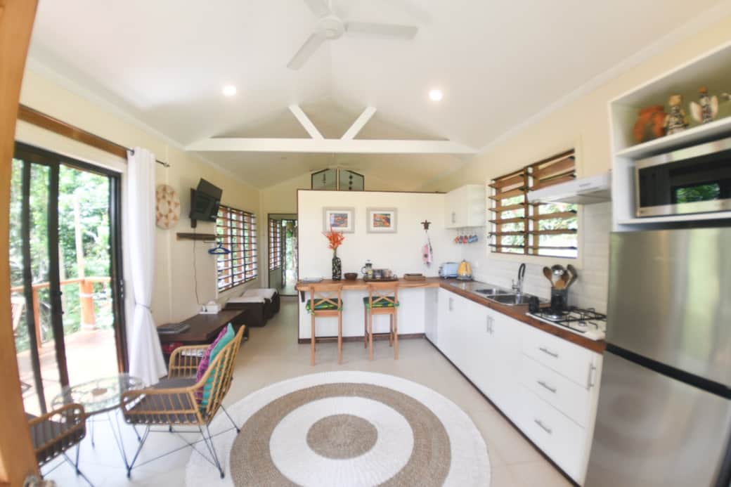 Self-catering made simple with a full kitchen—fridge/freezer, gas stove, microwave & all essentials