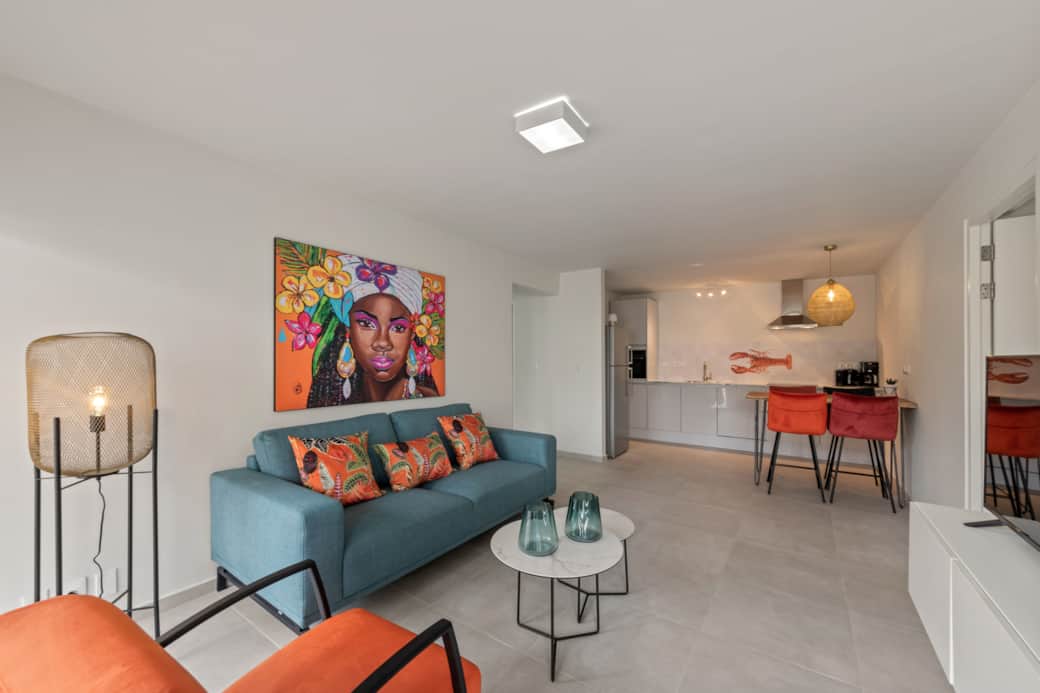 The living room and kitchen of the apartment — a nice, private space with everything within reach