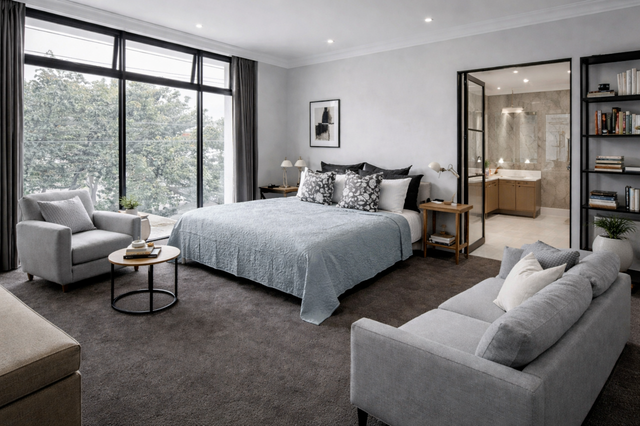 Luxury Masteroom Retreat — a spacious king bed, soft natural light, and a private ensuite for effortless comfort 